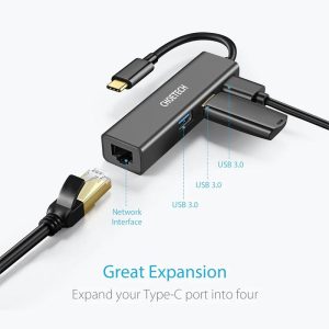 Choetech 4-In-1 USB-C to Gigabit RJ45 Adapter with USB Hub - HUB-U02 - Black - GC - Image 4