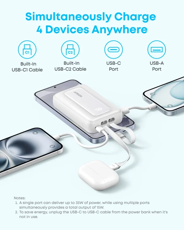Anker Zolo Powerbank 10000mAh 35w Built-In Dual USB-C Cable - White - A1680H22 - OP - Image 3