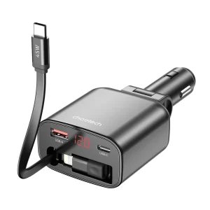 Choetech 105W Car Charger with Retractable Cable - Black - TC0033 - Image 2