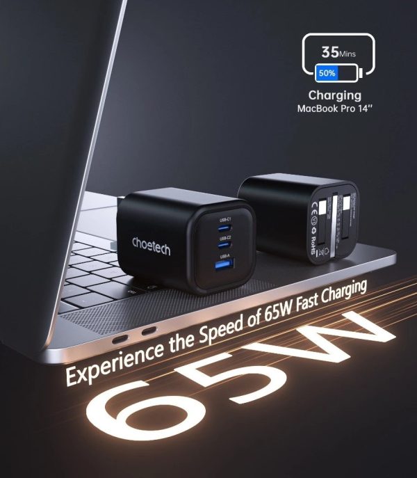 Choetech PD3068 65W 2A1C GaN Wall Charger UK - Black - Image 4