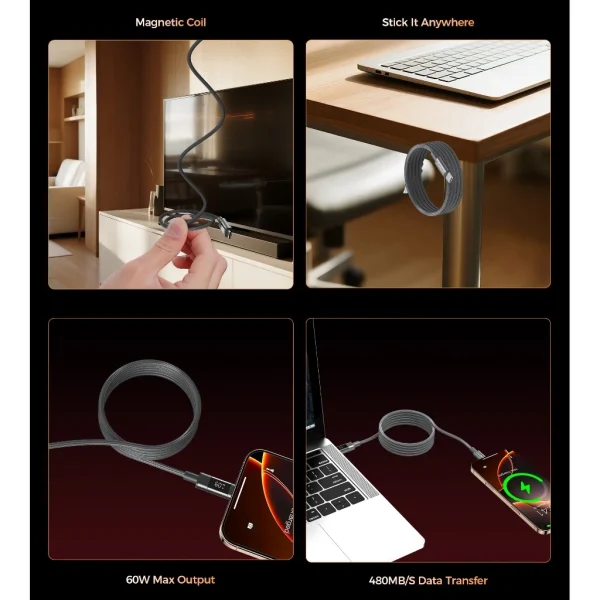 Choetech XCC-1067 USB C to USB C Magnetic Cable 1.2M - Grey - Image 6