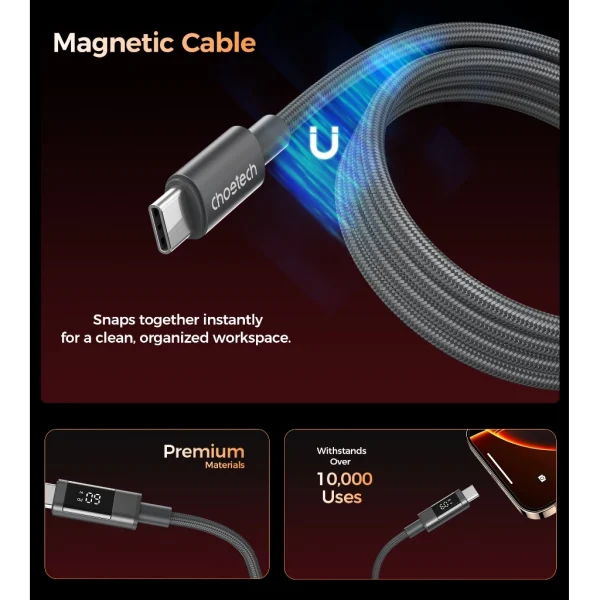 Choetech XCC-1067 USB C to USB C Magnetic Cable 1.2M - Grey - Image 5